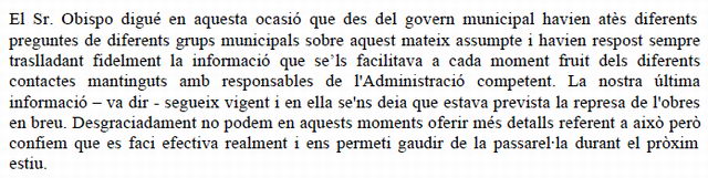 Resposta de l'Equip de Govern de l'Ajuntament de Gavà al prec del PPC sobre la construcci del pont sobre la riera dels Canyars a Gav Mar (26 de Novembre de 2009)